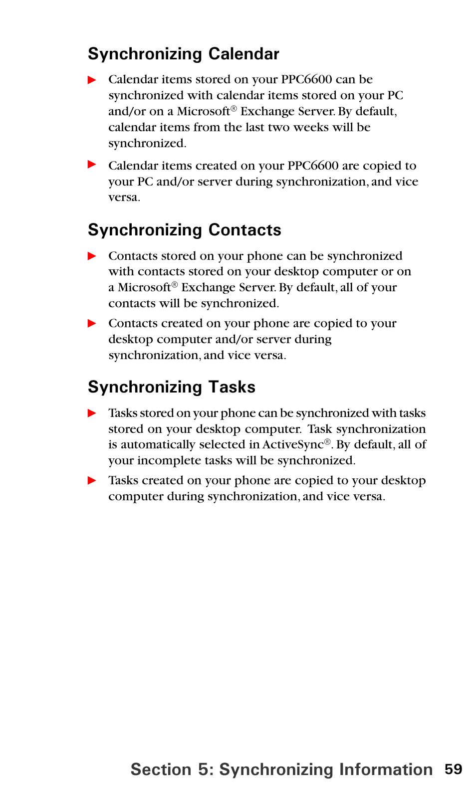 Synchronizing contacts, Synchronizing tasks | Audiovox PPC6600 User Manual | Page 64 / 195