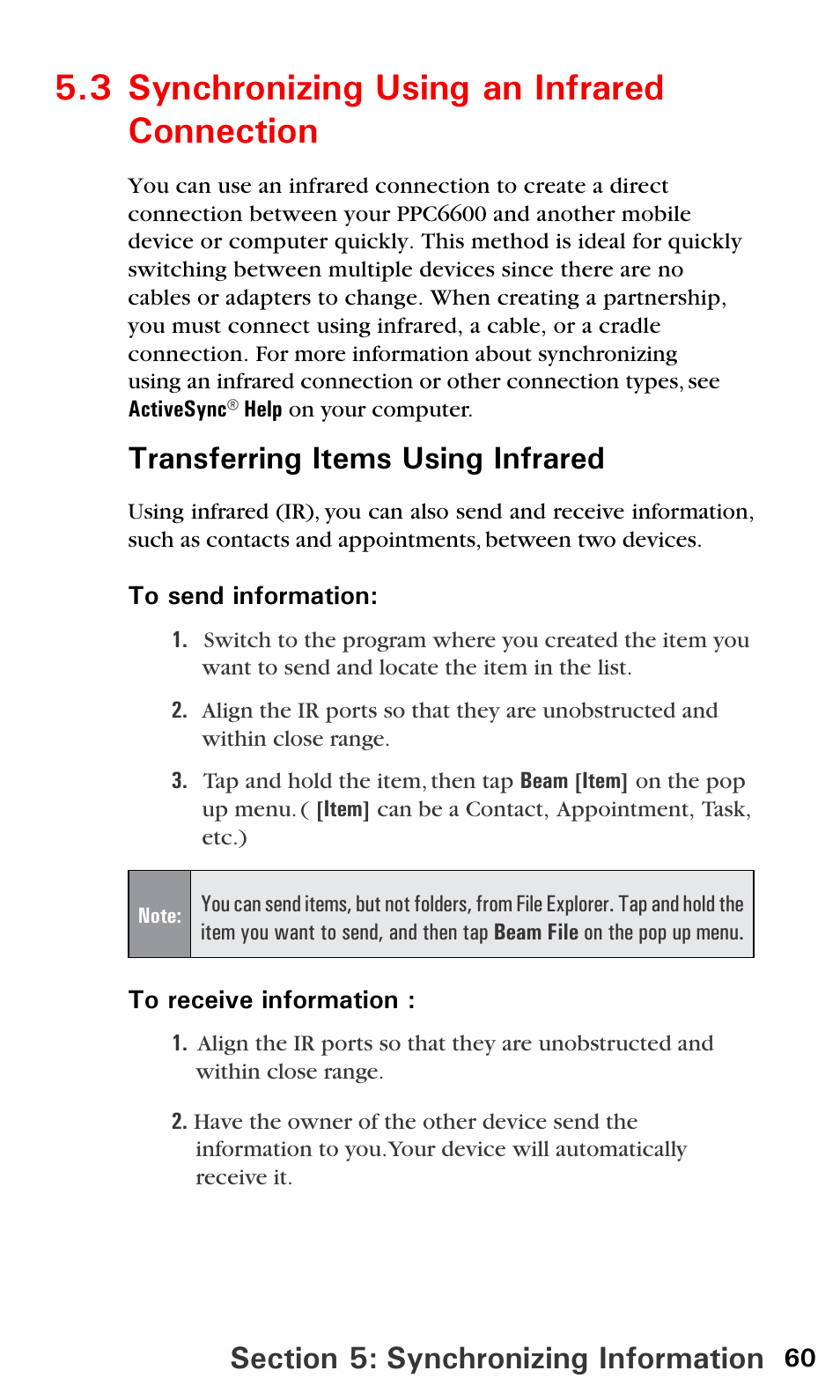 3 synchronizing using an infrared connection, Transferring items using infrared | Audiovox PPC6600 User Manual | Page 65 / 195