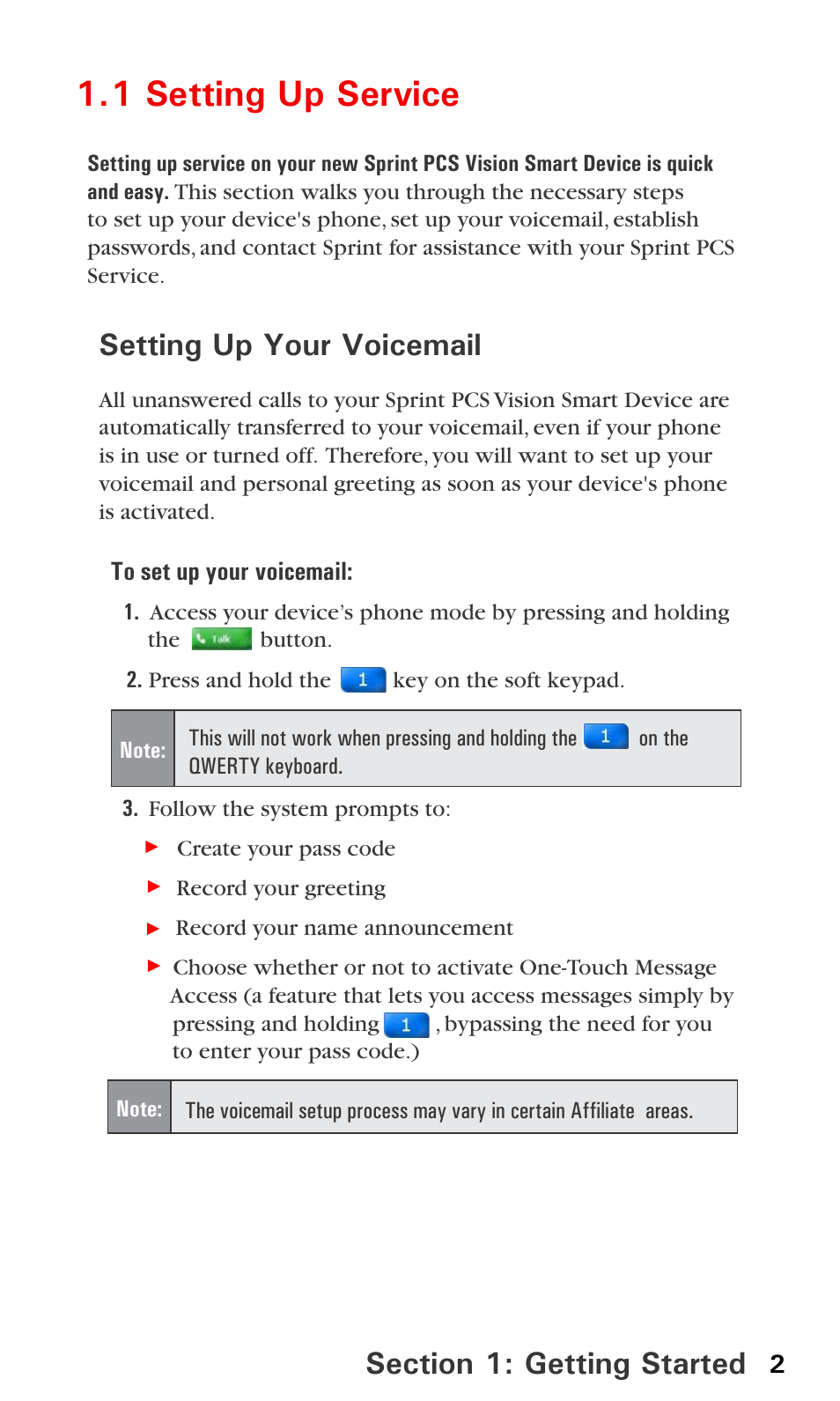 1 setting up service, Setting up your voicemail | Audiovox PPC6600 User Manual | Page 7 / 195