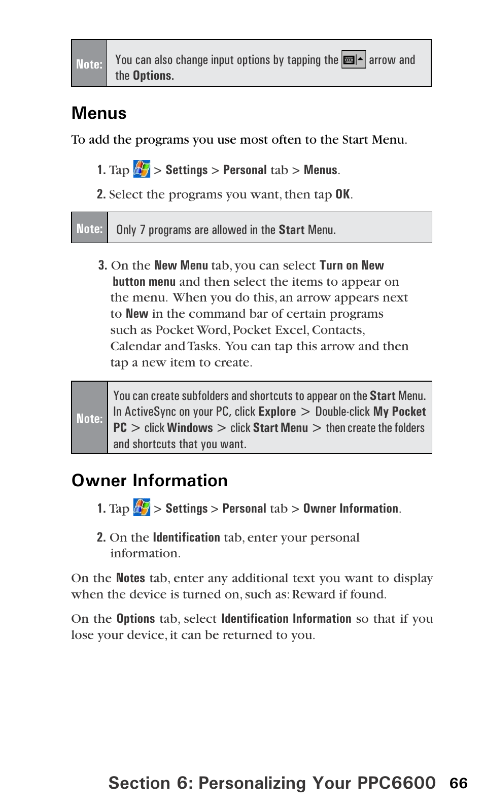 Menus, Owner information | Audiovox PPC6600 User Manual | Page 71 / 195