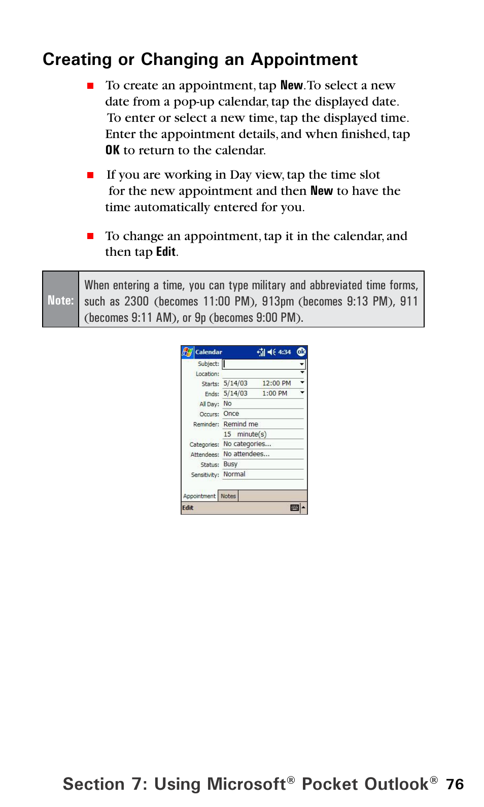 Pocket outlook, Creating or changing an appointment | Audiovox PPC6600 User Manual | Page 81 / 195