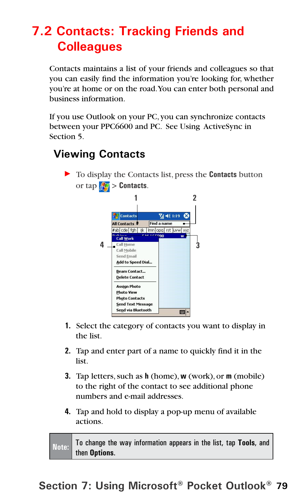 2 contact, 2 contacts: tracking friends and colleagues, Pocket outlook | Viewing contacts | Audiovox PPC6600 User Manual | Page 84 / 195