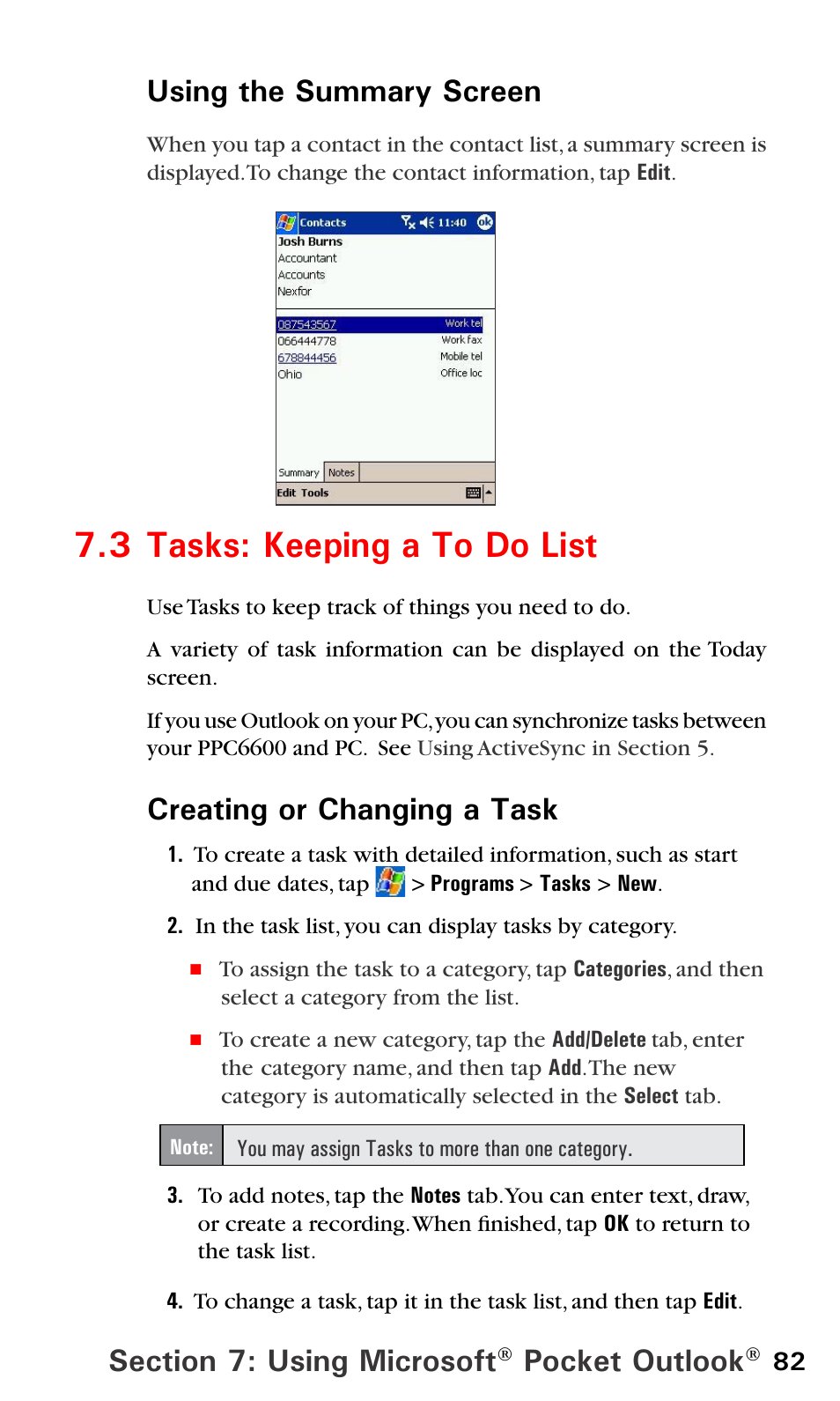 3 tasks: keeping a to do list, 3 tasks, Pocket outlook | Using the summary screen, Creating or changing a task | Audiovox PPC6600 User Manual | Page 87 / 195