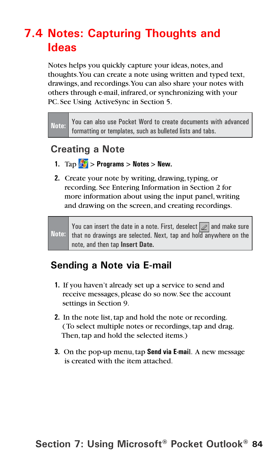 4 notes: capturing thoughts and ideas, 4 notes, Pocket outlook | Audiovox PPC6600 User Manual | Page 89 / 195