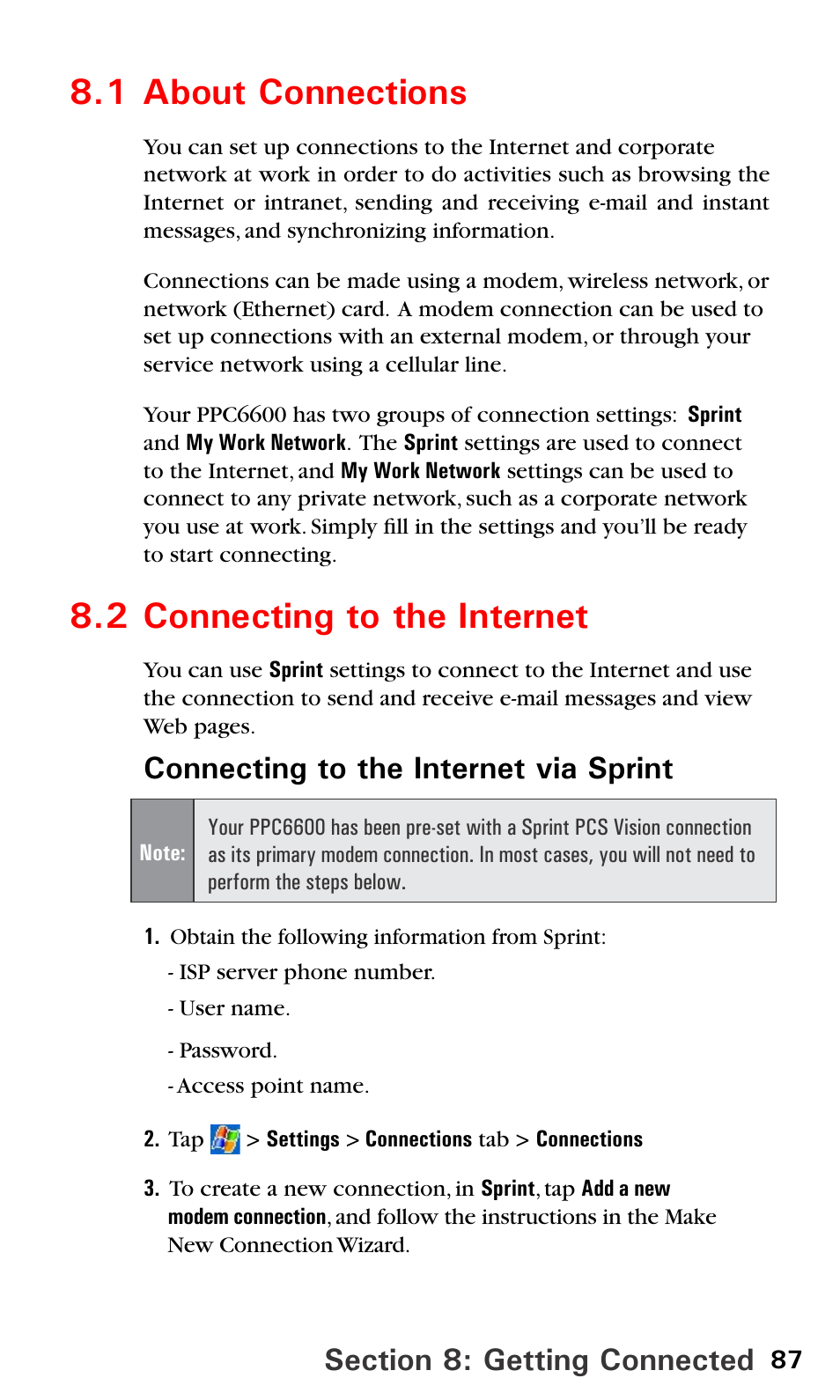 1 about connections, 2 connecting to the internet, 87 8.2 connecting to the internet | Connecting to the internet via sprint | Audiovox PPC6600 User Manual | Page 92 / 195