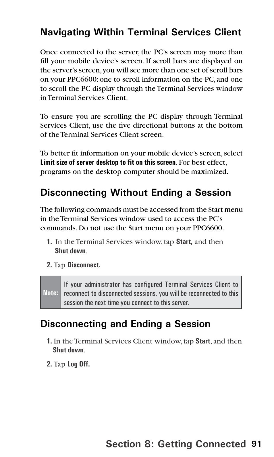 Disconnecting without ending a session, Disconnecting and ending a session | Audiovox PPC6600 User Manual | Page 96 / 195