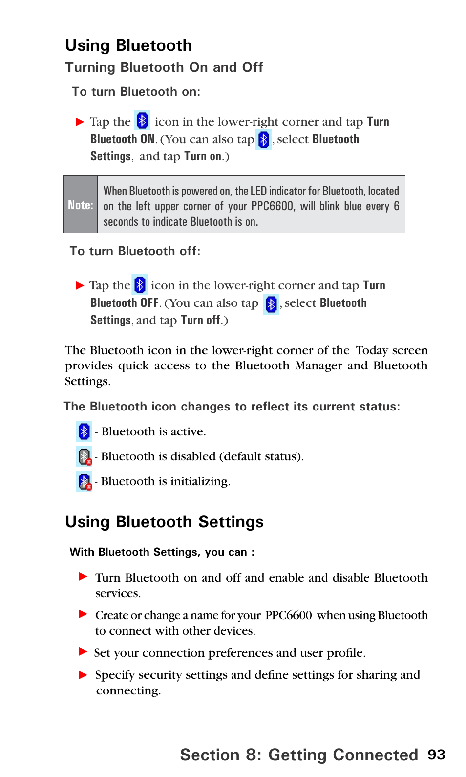Using bluetooth settings, Turning bluetooth on and off | Audiovox PPC6600 User Manual | Page 98 / 195
