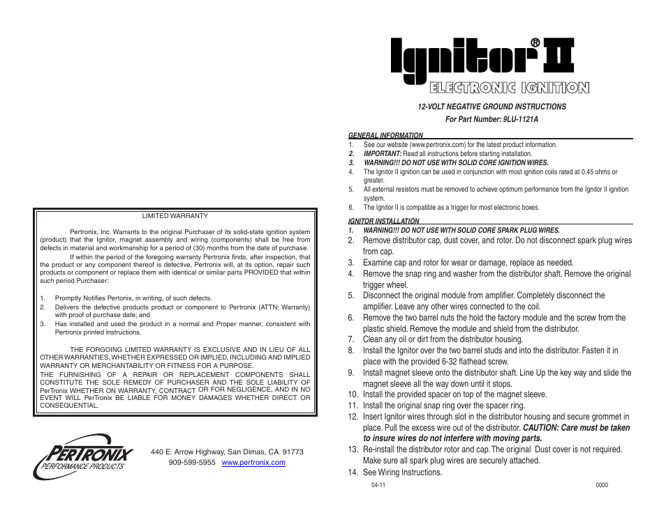 PerTronix Ignitor II 9LU-1121A User Manual | 2 pages