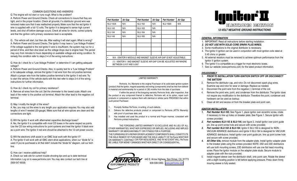 PerTronix Ignitor II 9LU-166A User Manual | 2 pages