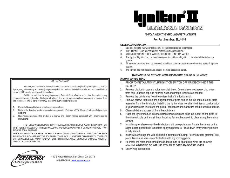 PerTronix Ignitor II 9LU-145 User Manual | 2 pages