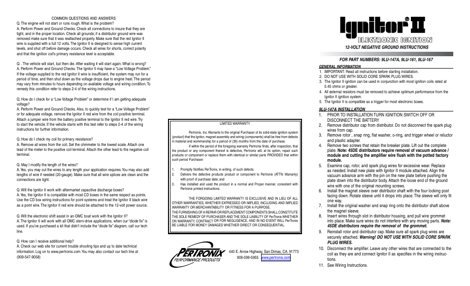 PerTronix Ignitor II 9LU-167 User Manual | 2 pages