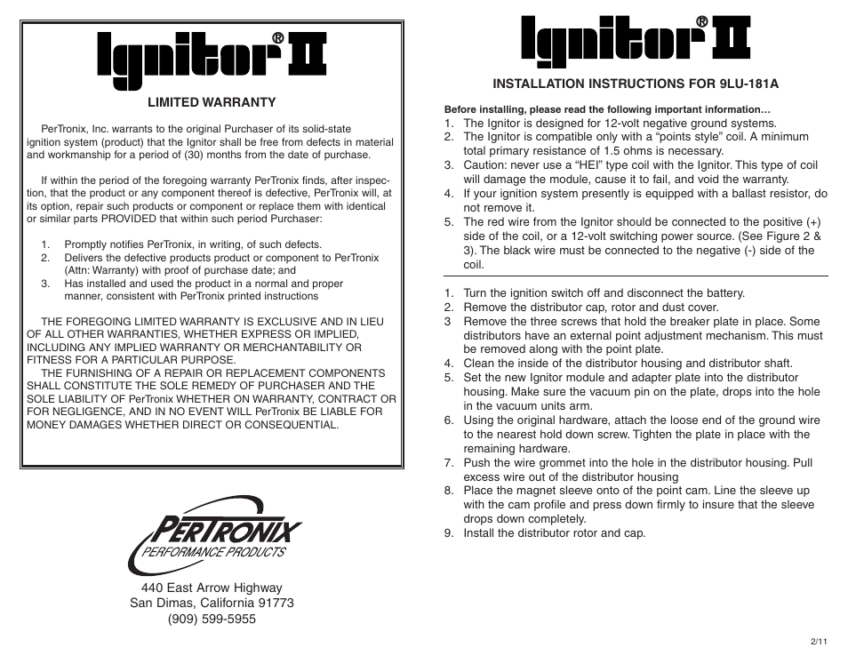 PerTronix Ignitor II 9LU-181A User Manual | 2 pages