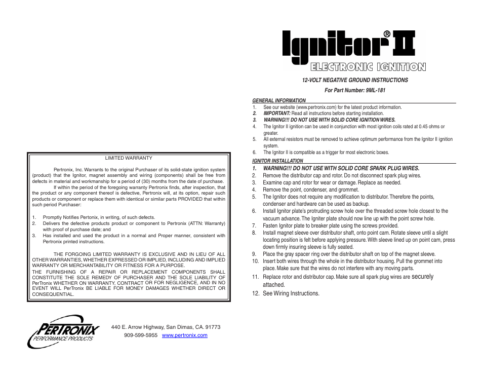 PerTronix Ignitor II 9ML-181 User Manual | 2 pages