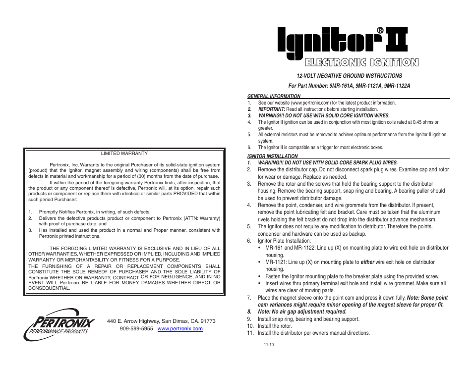 PerTronix Ignitor II 9MR-1122A User Manual | 2 pages