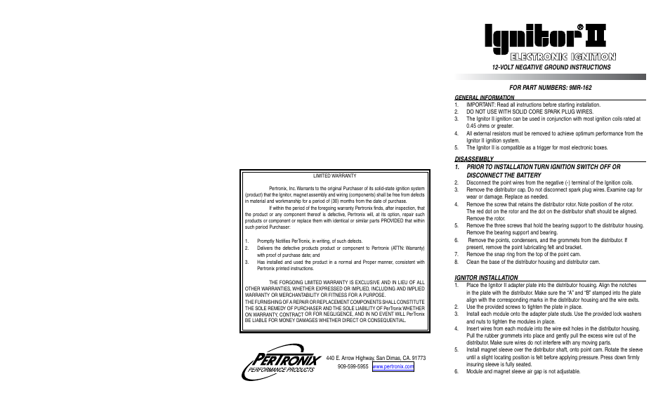 PerTronix Ignitor II 9MR-162 User Manual | 2 pages