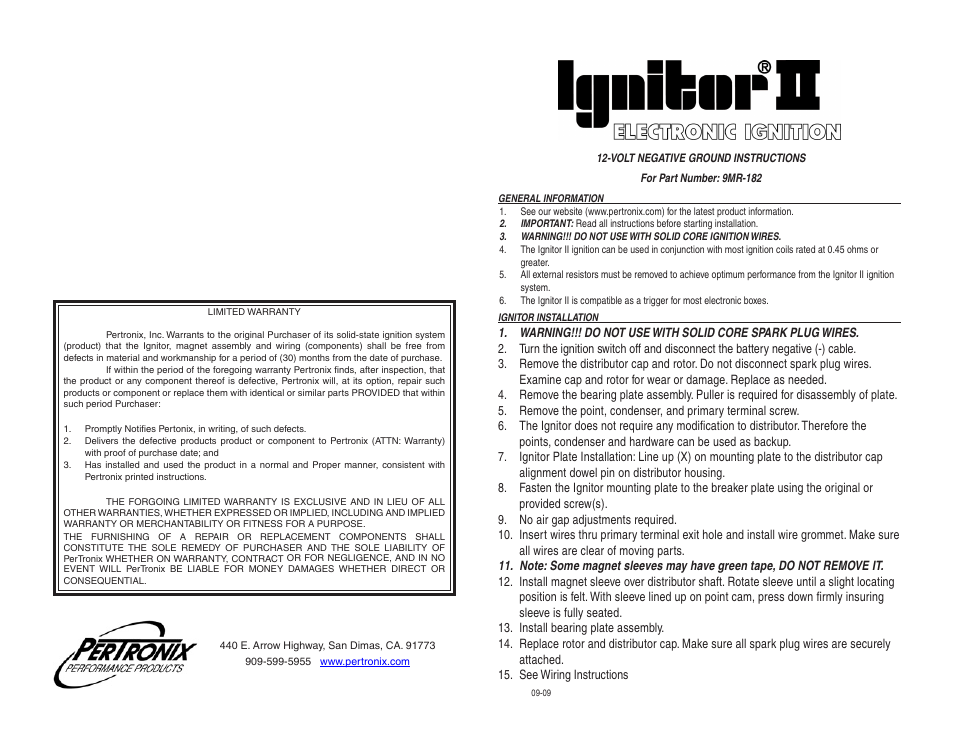 PerTronix Ignitor II 9MR-182 User Manual | 2 pages
