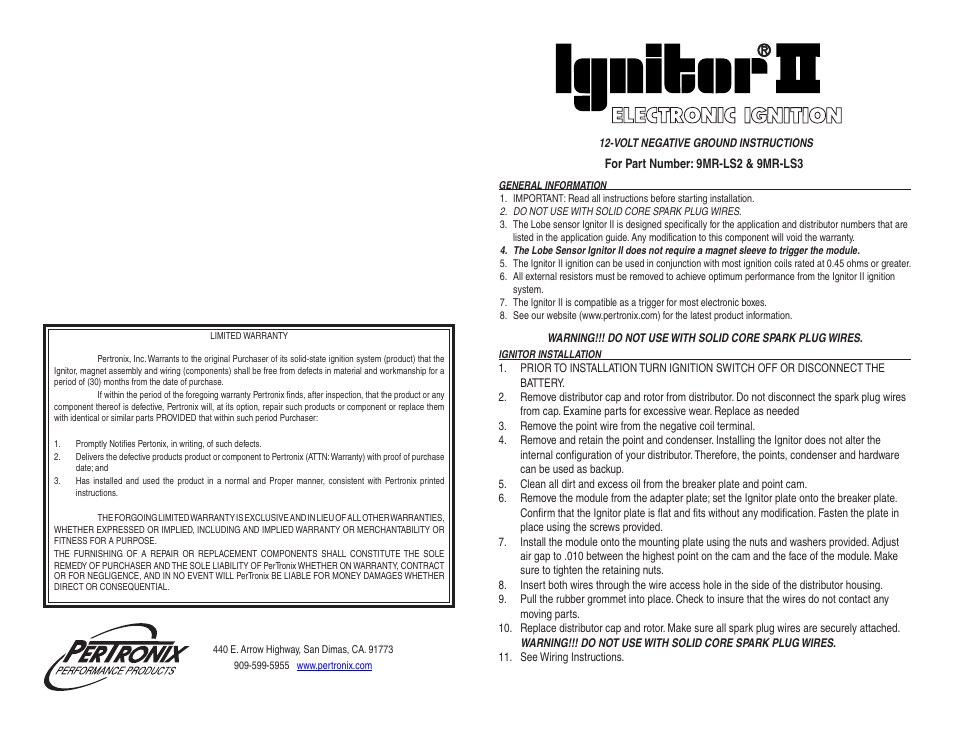 PerTronix Ignitor II 9MR-LS3 User Manual | 2 pages