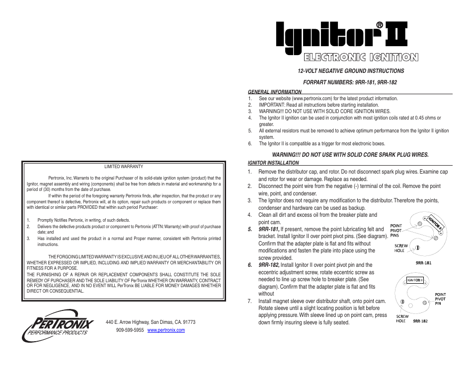PerTronix Ignitor II 9RR-182 User Manual | 2 pages