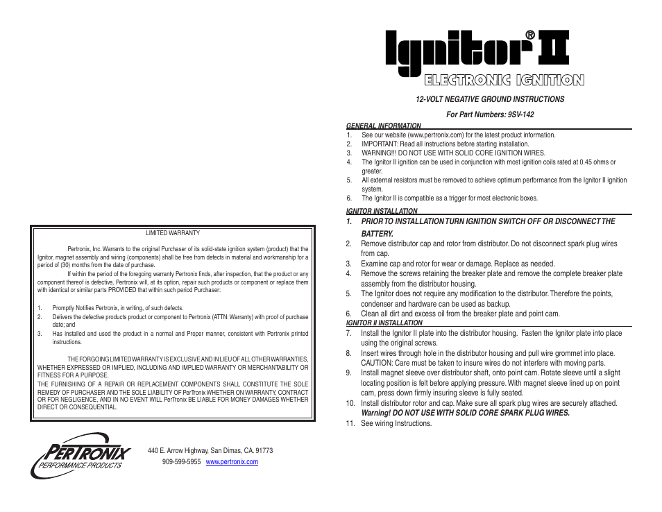 PerTronix Ignitor II 9SV-142 User Manual | 2 pages