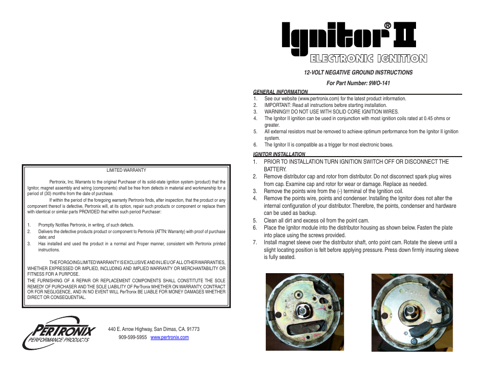 PerTronix Ignitor II 9WO-141 User Manual | 2 pages