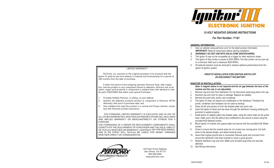 PerTronix Ignitor III 71181 User Manual | 2 pages