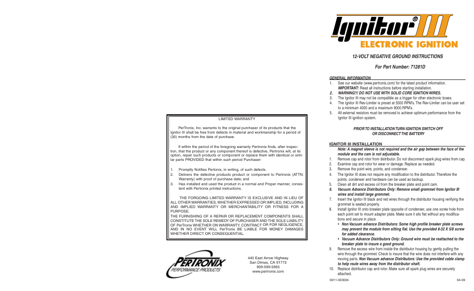 PerTronix Ignitor III 71281D User Manual | 2 pages