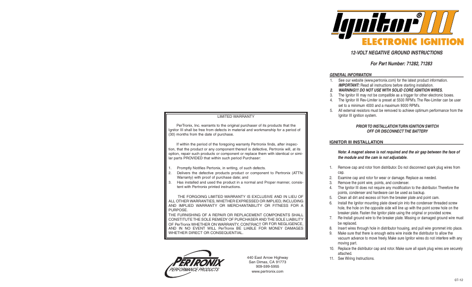 PerTronix Ignitor III 71283 User Manual | 2 pages