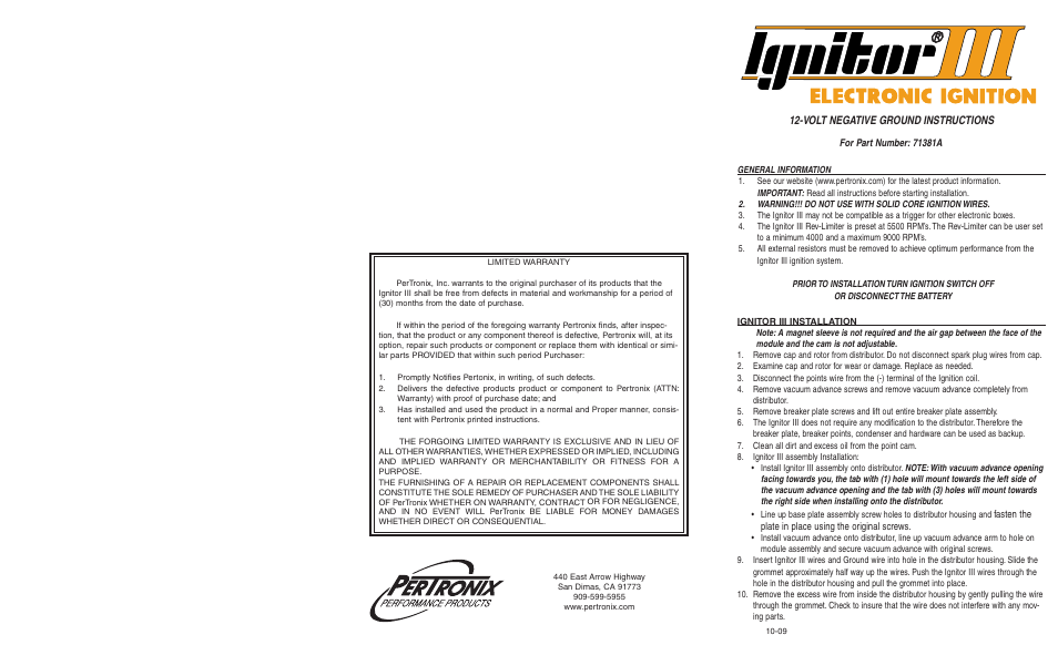 PerTronix Ignitor III 71381A User Manual | 2 pages
