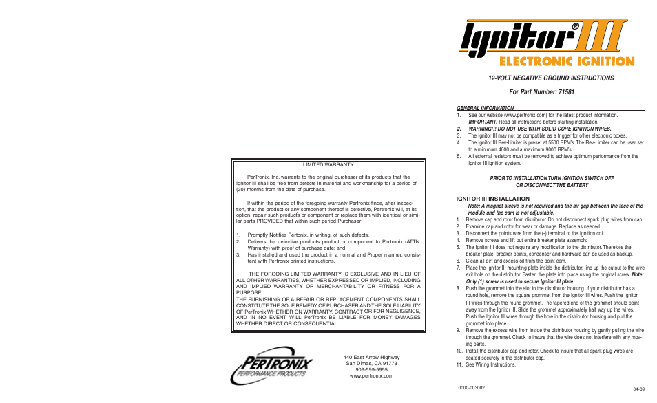 PerTronix Ignitor III 71581 User Manual | 2 pages