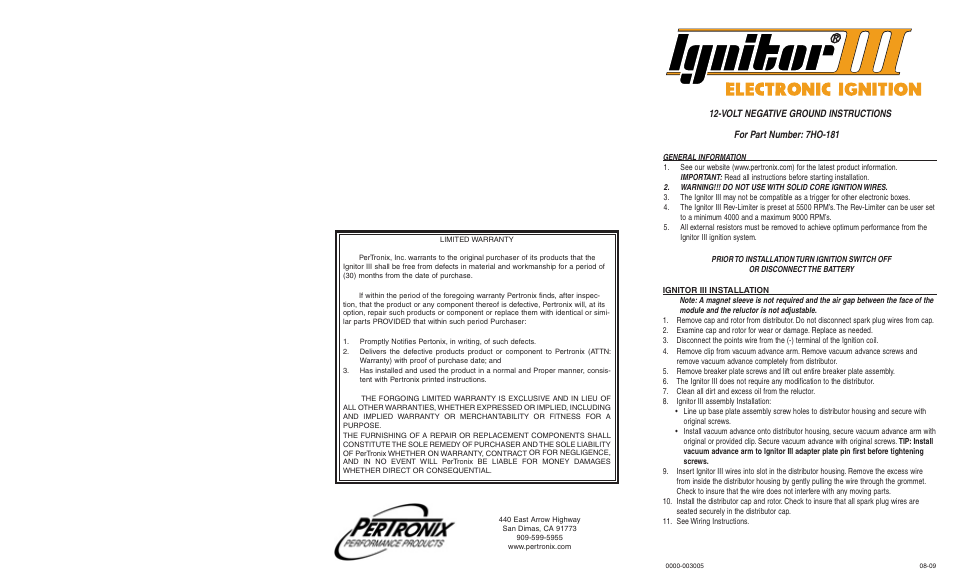 PerTronix Ignitor III 7HO-181 User Manual | 2 pages