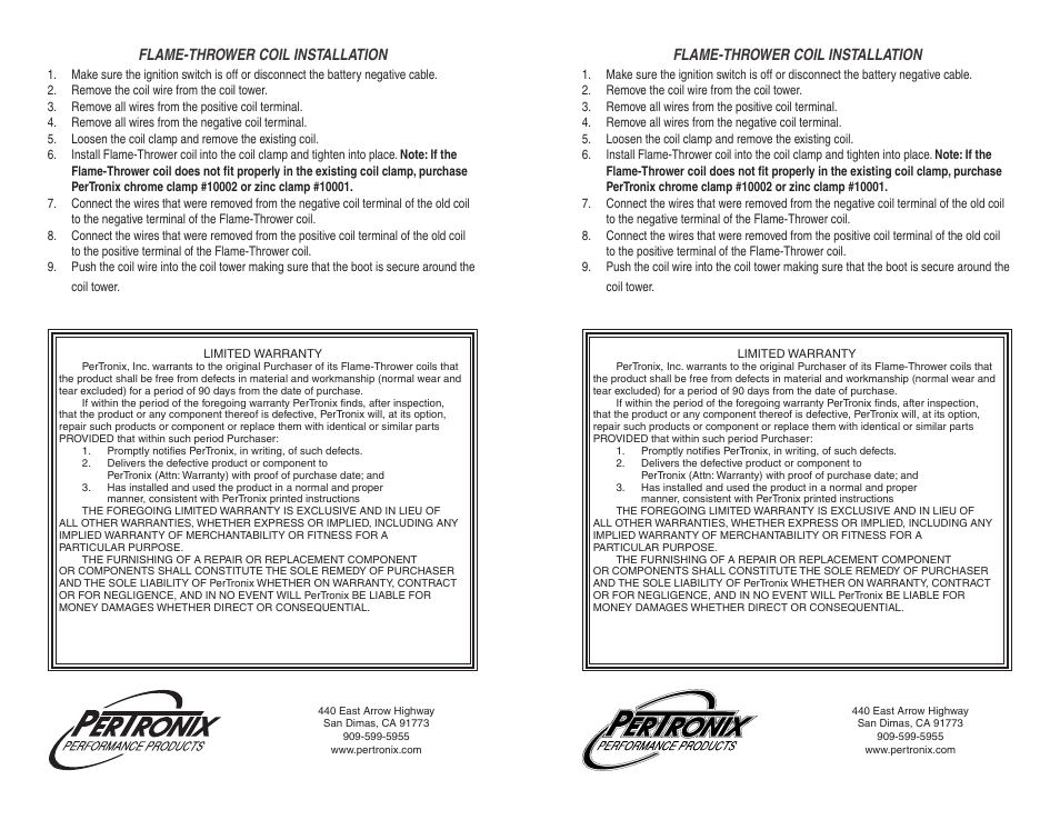 Flame-thrower coil installation | PerTronix Flame-Thrower Coils 40611 User Manual | Page 2 / 2