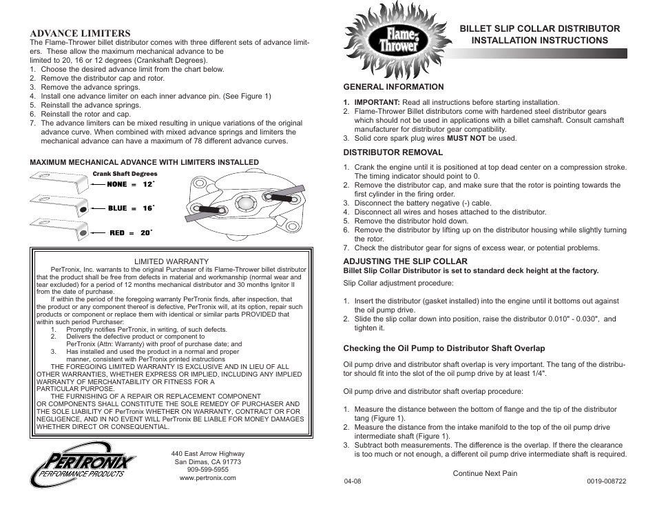 PerTronix Flame-Thrower Billet Slip Collar Distributor User Manual | 2 pages