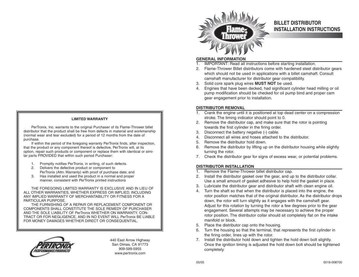 PerTronix Flame-Thrower Billet Distributors User Manual | 2 pages