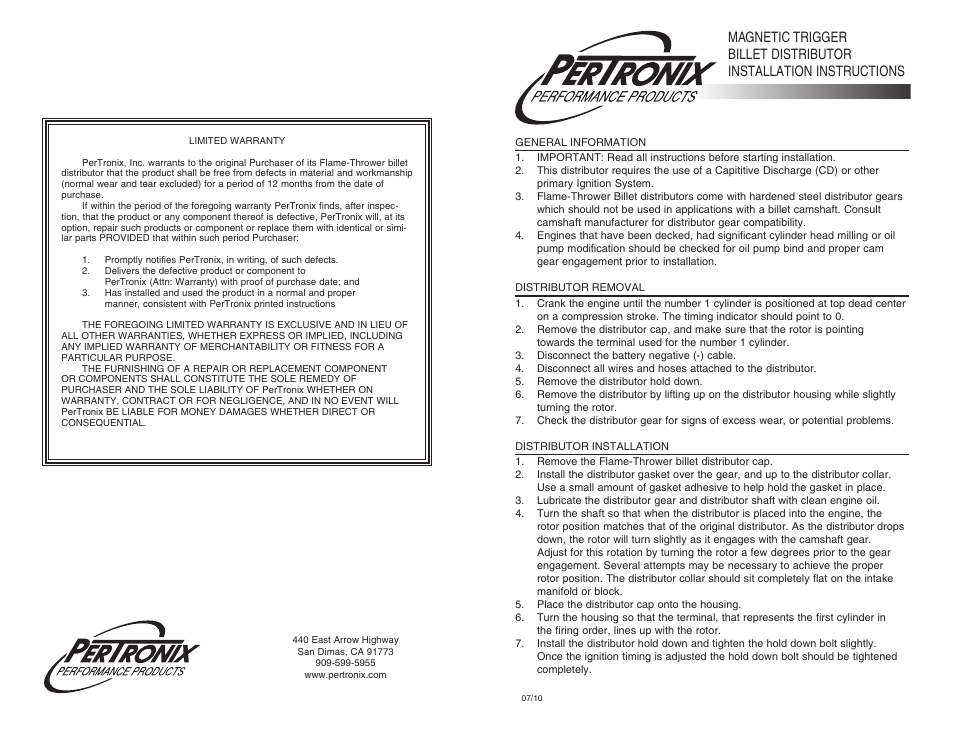 PerTronix Flame-Thrower Magnetic Trigger Billet Distributors User Manual | 2 pages