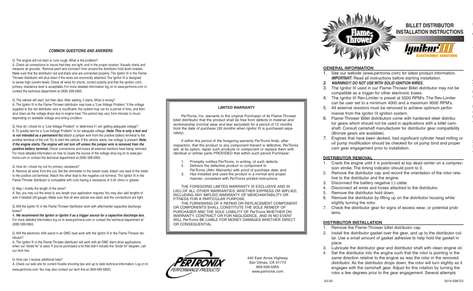 PerTronix Flame-Thrower Magnetic Trigger Billet Distributors Ignitor III User Manual | 2 pages