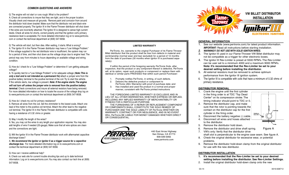PerTronix Flame-Thrower VW Billet Distributors User Manual | 2 pages