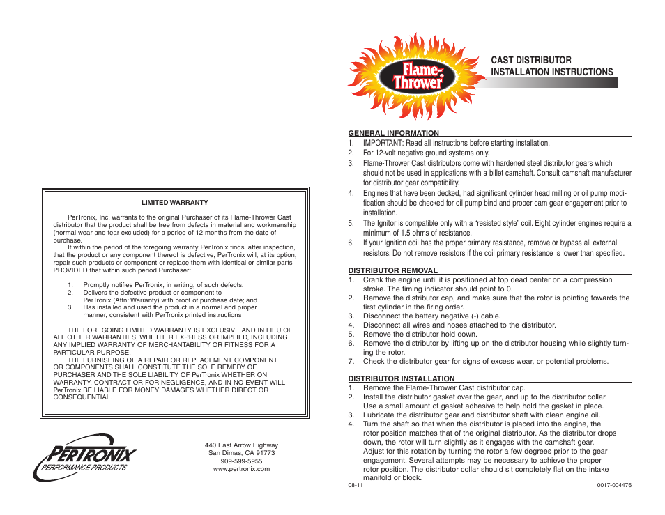 PerTronix Flame-Thrower Cast Distributors D134600 User Manual | 2 pages