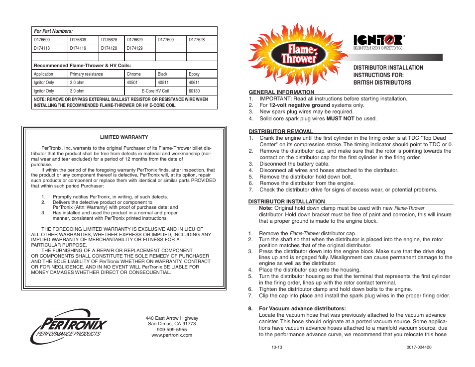 PerTronix Flame-Thrower Cast Distributors D177628 User Manual | 2 pages