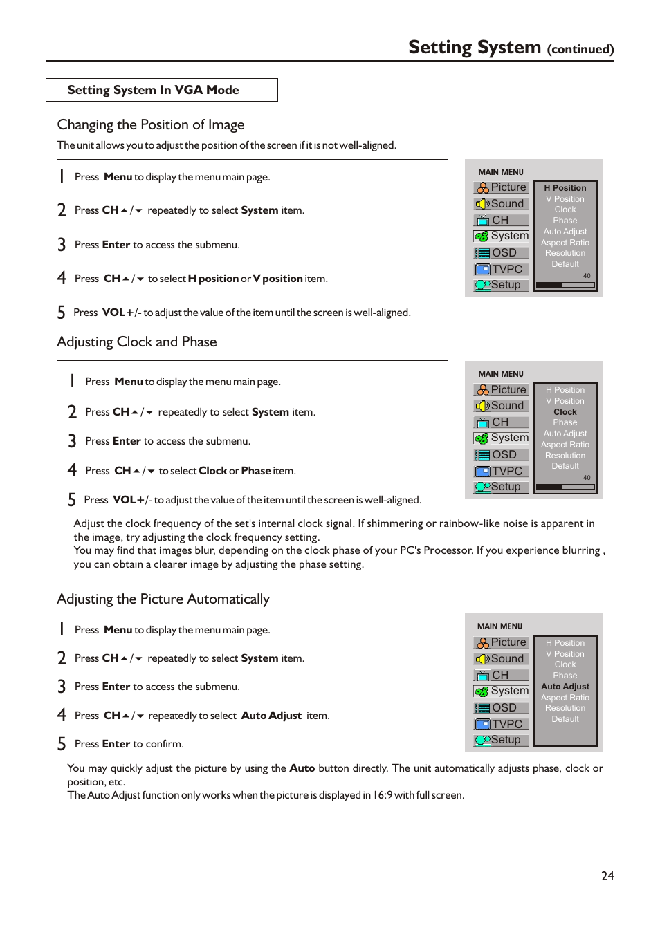 Setting system, Changing the position of image, Adjusting clock and phase | Adjusting the picture automatically | Audiovox FPE3205 User Manual | Page 27 / 45