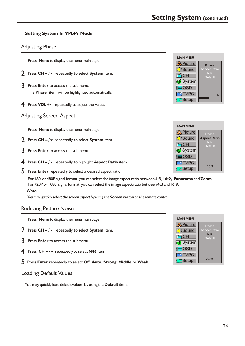 Setting system, Adjusting phase, Adjusting screen aspect | Reducing picture noise, Loading default values | Audiovox FPE3205 User Manual | Page 29 / 45