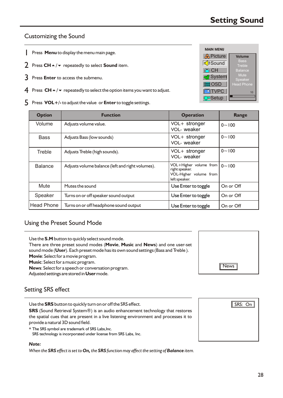 Setting sound, Customizing the sound using the preset sound mode, Setting srs effect | Audiovox FPE3205 User Manual | Page 31 / 45