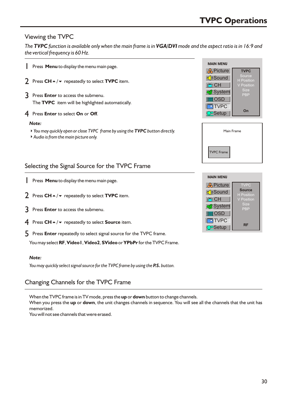 Tvpc operations, Viewing the tvpc, Selecting the signal source for the tvpc frame | Changing channels for the tvpc frame | Audiovox FPE3205 User Manual | Page 33 / 45