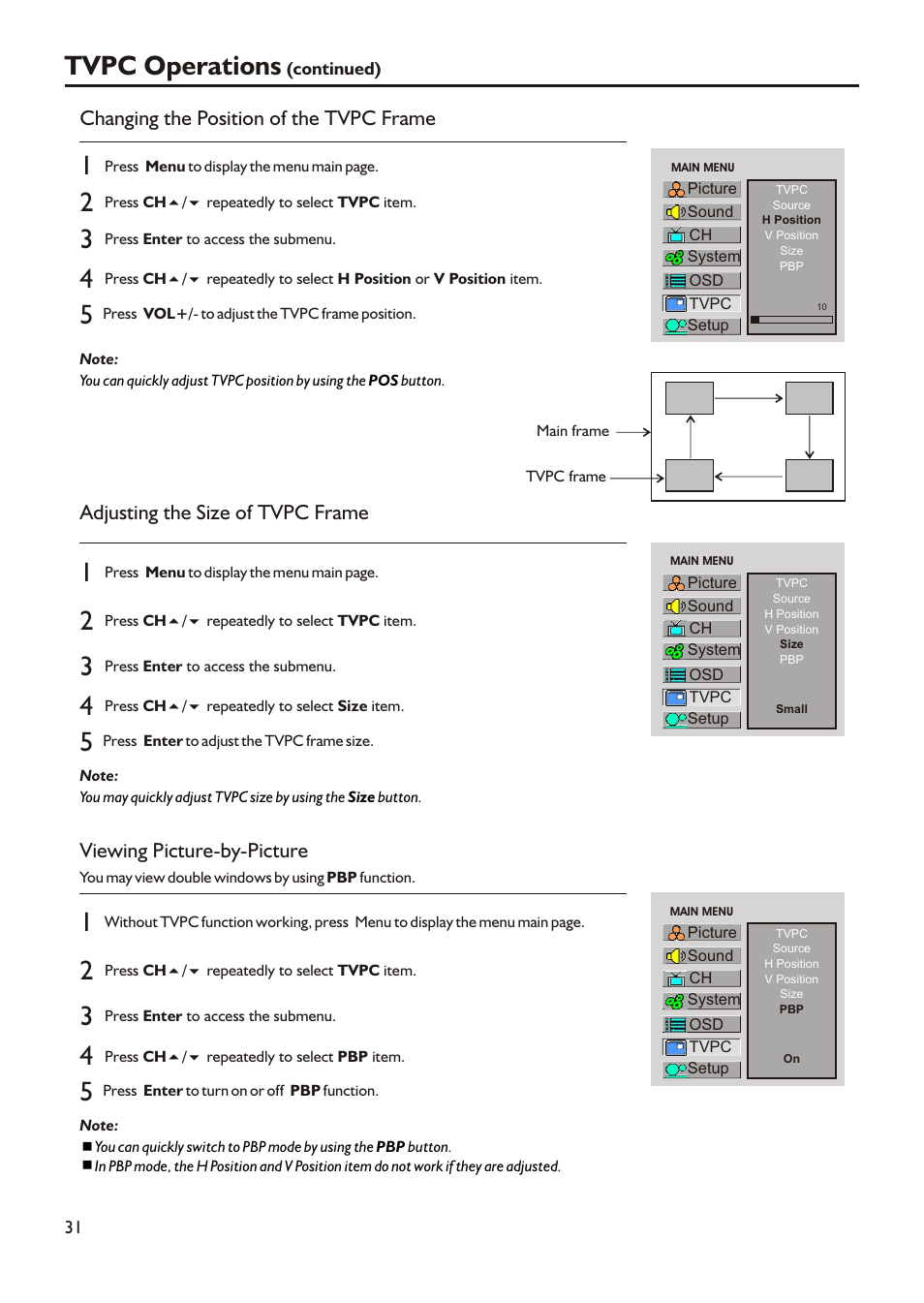Tvpc operations, Changing the position of the tvpc frame, Adjusting the size of tvpc frame | Viewing picture-by-picture | Audiovox FPE3205 User Manual | Page 34 / 45