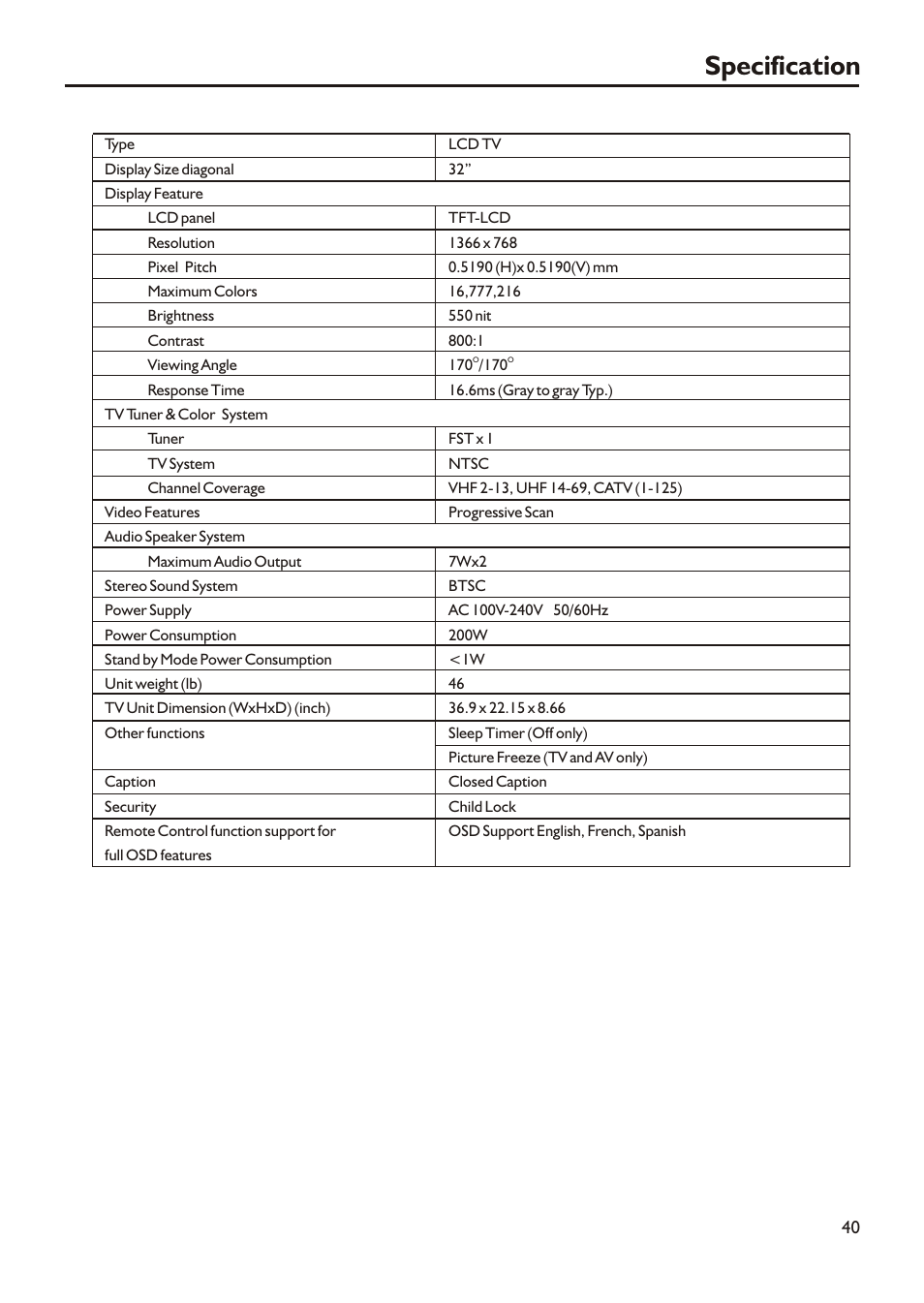 Specification | Audiovox FPE3205 User Manual | Page 43 / 45