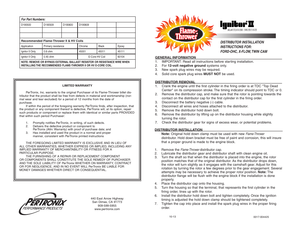 PerTronix Flame-Thrower Cast Distributors D190609 User Manual | 2 pages