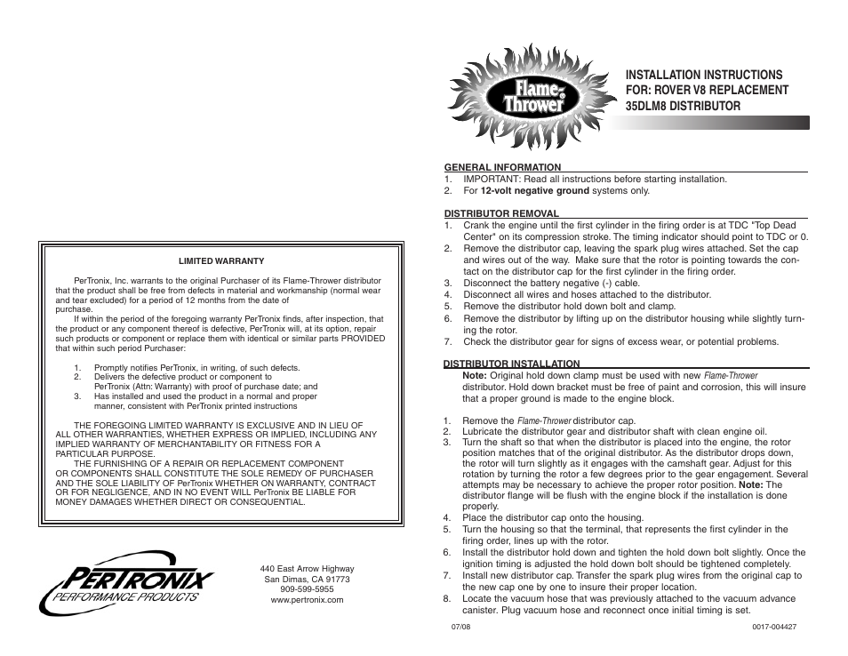 PerTronix Flame-Thrower Cast Distributors D175520 User Manual | 2 pages