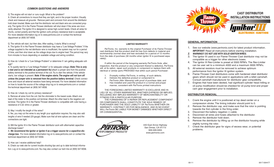PerTronix Flame-Thrower Cast Distributors D7134600 User Manual | 2 pages
