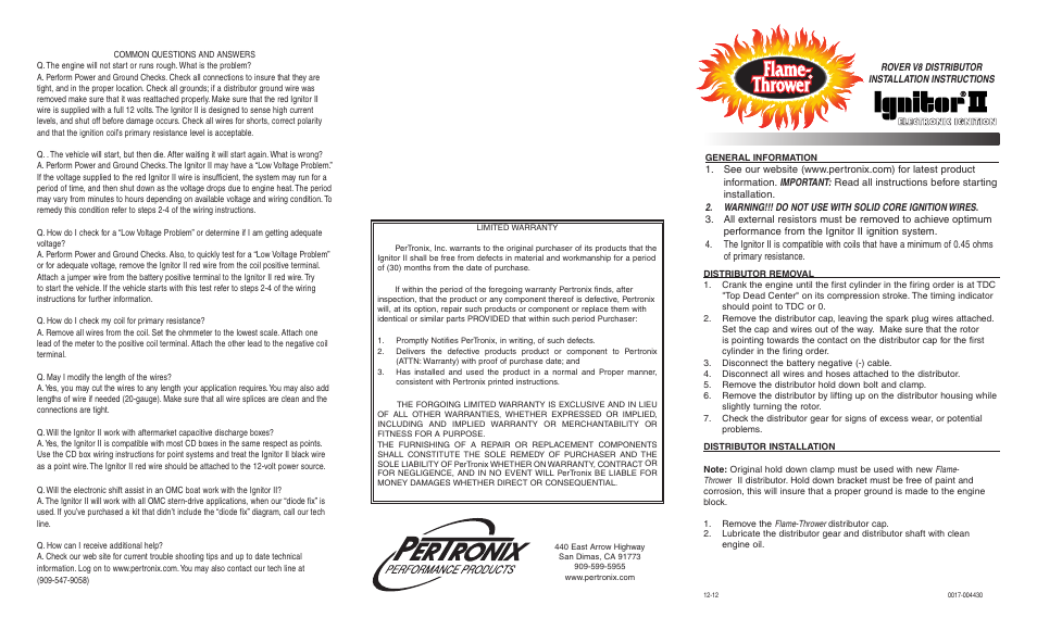 PerTronix Flame-Thrower Cast Distributors D174510 User Manual | 2 pages