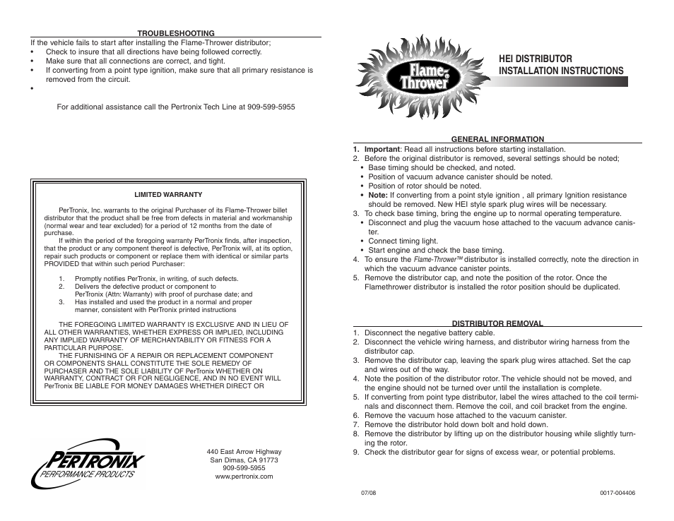 PerTronix Flame-Thrower HEI Distributors D1352 User Manual | 2 pages