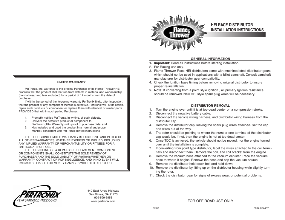 PerTronix Flame-Thrower HEI Distributors D1372 User Manual | 2 pages